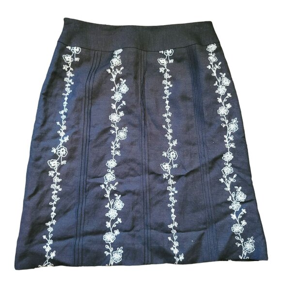 Ann Taylor Loft Black Linen Skirt White Floral Embroidery Pencil Sz 0 JJ3409 - Picture 5 of 5